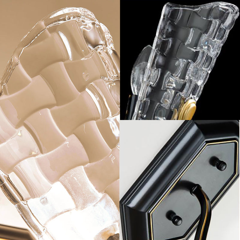 Black Modernist Wall Sconce With Curved Metal Arm And Clear Crystal Panel