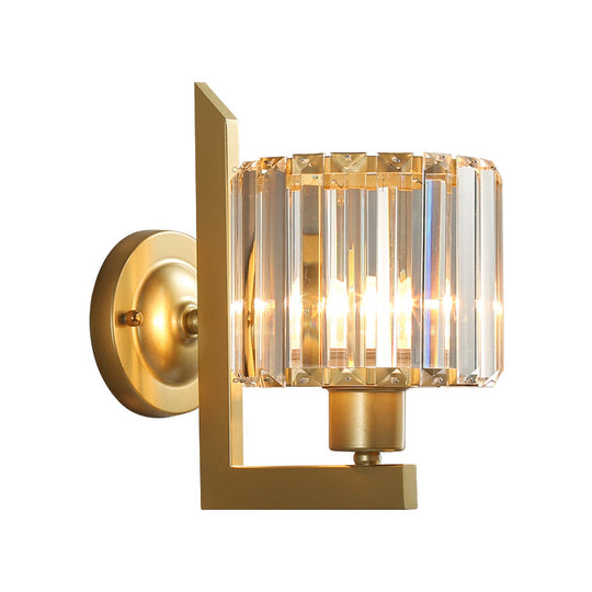Contemporary Clear Crystal Drum Wall Sconce Lighting - Black/Gold 1 Light Lamp For Bedroom