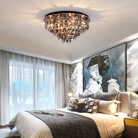 Vintage Smoke Gray Flush Mount Light With Crystal Bead Accents Warm Led Ceiling Lamp - 16/23.5 Width