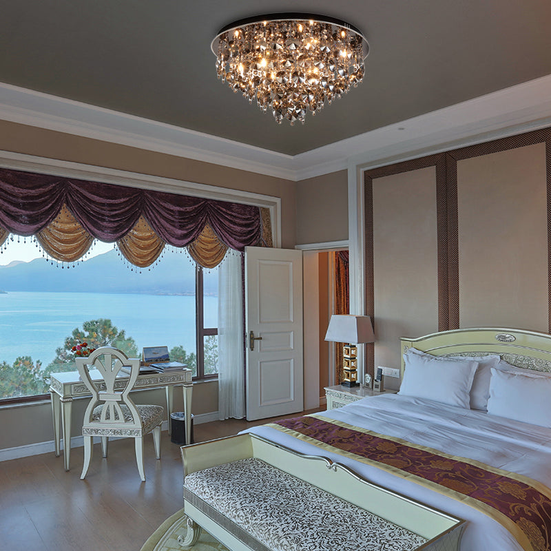 Vintage Smoke Gray Flush Mount Light With Crystal Bead Accents Warm Led Ceiling Lamp - 16/23.5 Width