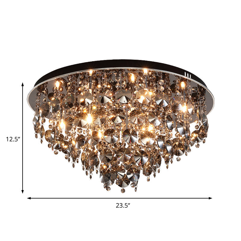Vintage Smoke Gray Flush Mount Light With Crystal Bead Accents Warm Led Ceiling Lamp -