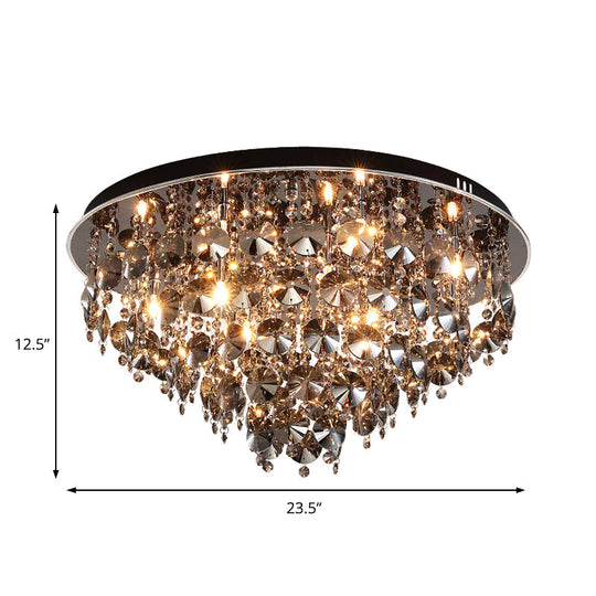 Vintage Smoke Gray Flush Mount Light With Crystal Bead Accents Warm Led Ceiling Lamp -