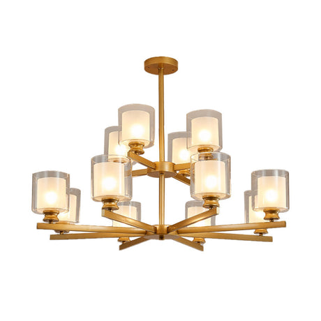 Modern 2-Tier White Glass Chandelier: Radial Design 12 Lights Black/Gold/Silver