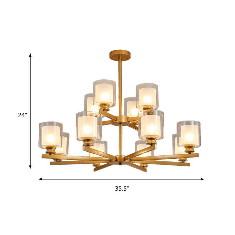 Modern 2-Tier White Glass Chandelier: Radial Design 12 Lights Black/Gold/Silver