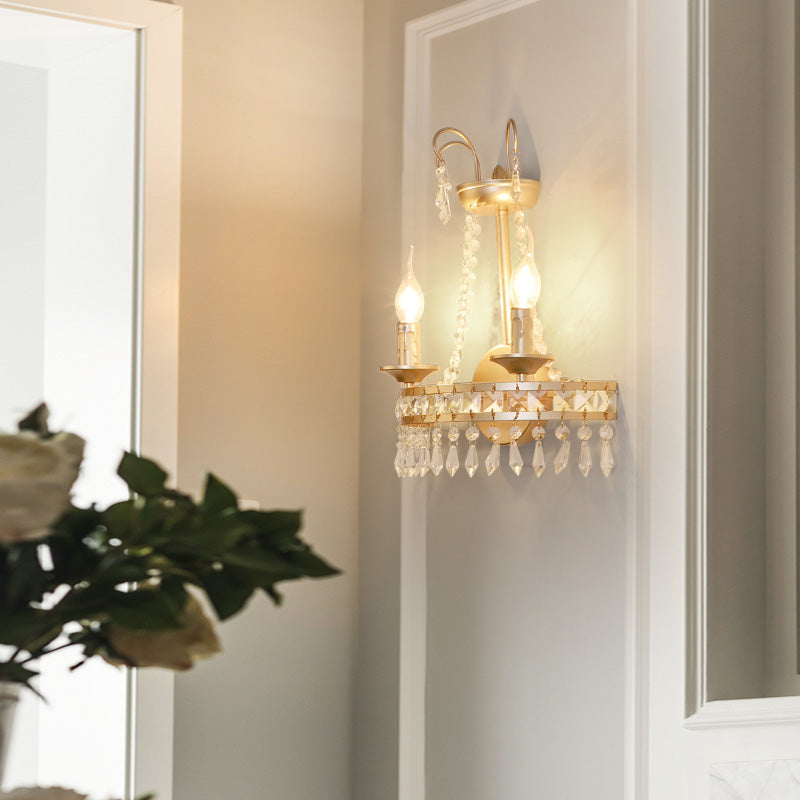 Vintage Gold Wall Lamp With Crystal Accent - Metallic Exposed 2-Light Fixture For Hallway