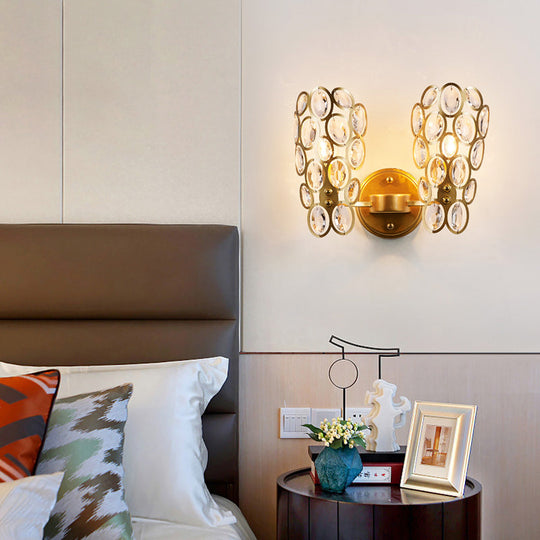 Modern Gold Circles Wall Sconce Light With Crystal Deco - 2 Lights For Bedroom