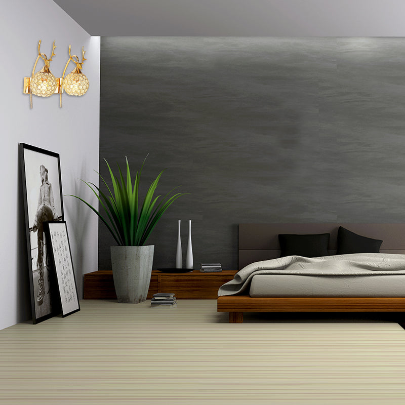 Lodge Style Metal Deer Head Wall Sconce: 1/2-Bulb Mount Light With Crystal Dome Shade In Chrome/Gold