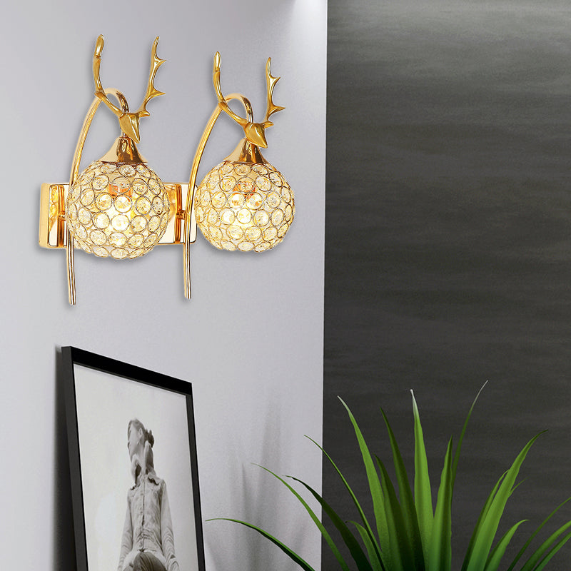 Lodge Style Metal Deer Head Wall Sconce: 1/2-Bulb Mount Light With Crystal Dome Shade In Chrome/Gold