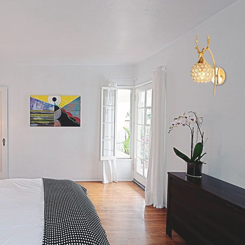 Lodge Style Metal Deer Head Wall Sconce: 1/2-Bulb Mount Light With Crystal Dome Shade In Chrome/Gold