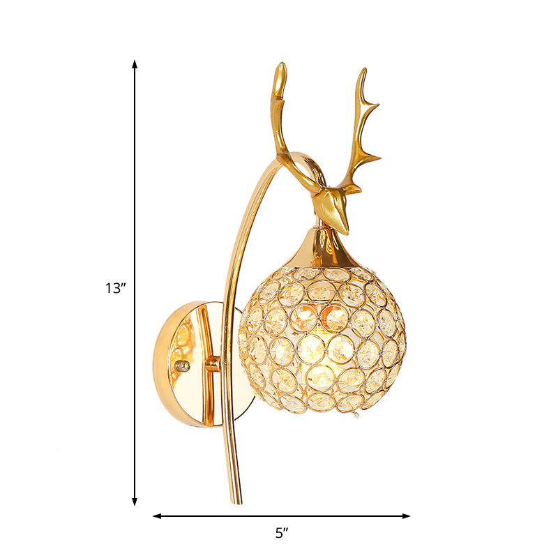 Lodge Style Metal Deer Head Wall Sconce: 1/2-Bulb Mount Light With Crystal Dome Shade In Chrome/Gold
