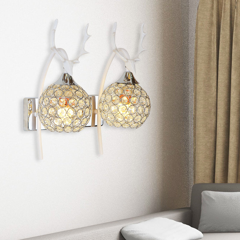 Lodge Style Metal Deer Head Wall Sconce: 1/2-Bulb Mount Light With Crystal Dome Shade In Chrome/Gold