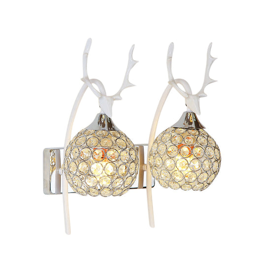 Lodge Style Metal Deer Head Wall Sconce: 1/2-Bulb Mount Light With Crystal Dome Shade In Chrome/Gold