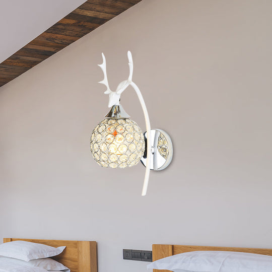 Lodge Style Metal Deer Head Wall Sconce: 1/2-Bulb Mount Light With Crystal Dome Shade In Chrome/Gold