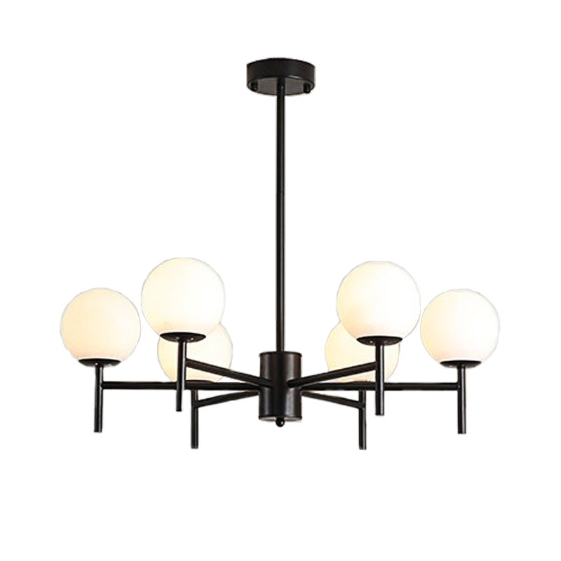 Moderner schwarz-goldener Kugel-Kronleuchter mit radialem Design – 6/8/9 Lichter, Hängelampe aus Milchglas