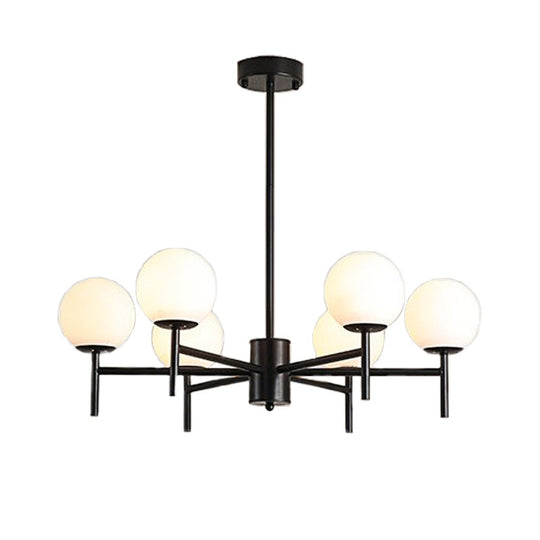 Moderner schwarz-goldener Kugel-Kronleuchter mit radialem Design – 6/8/9 Lichter, Hängelampe aus Milchglas