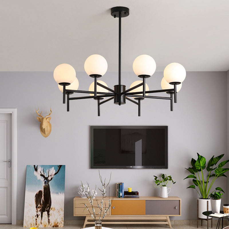 Moderner schwarz-goldener Kugel-Kronleuchter mit radialem Design – 6/8/9 Lichter, Hängelampe aus Milchglas