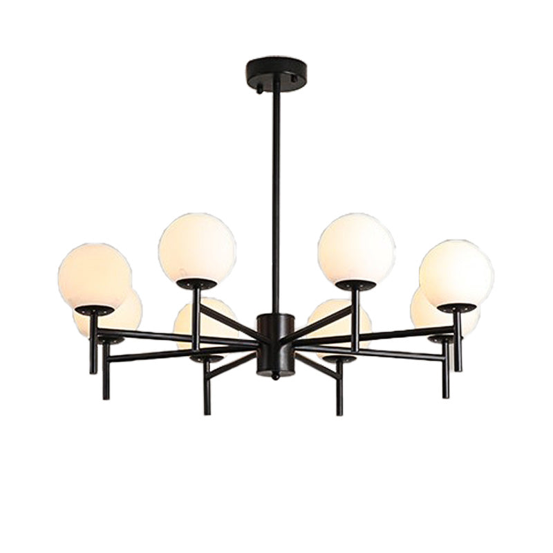 Moderner schwarz-goldener Kugel-Kronleuchter mit radialem Design – 6/8/9 Lichter, Hängelampe aus Milchglas