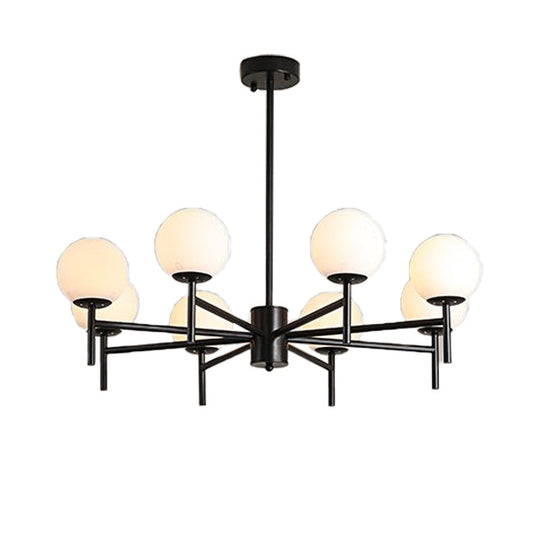 Moderner schwarz-goldener Kugel-Kronleuchter mit radialem Design – 6/8/9 Lichter, Hängelampe aus Milchglas
