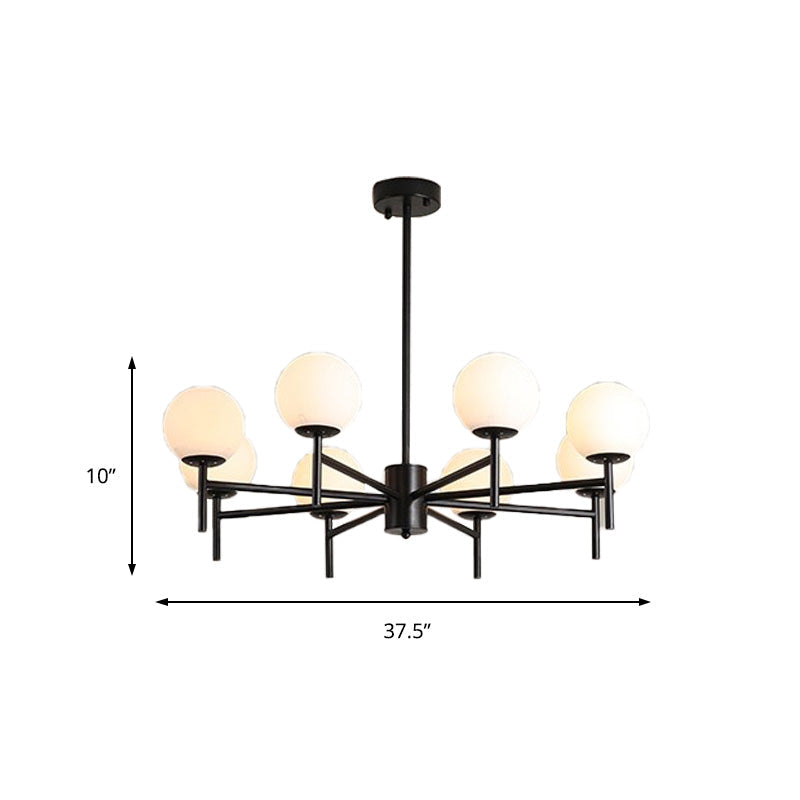 Moderner schwarz-goldener Kugel-Kronleuchter mit radialem Design – 6/8/9 Lichter, Hängelampe aus Milchglas
