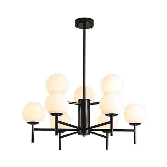 Moderner schwarz-goldener Kugel-Kronleuchter mit radialem Design – 6/8/9 Lichter, Hängelampe aus Milchglas