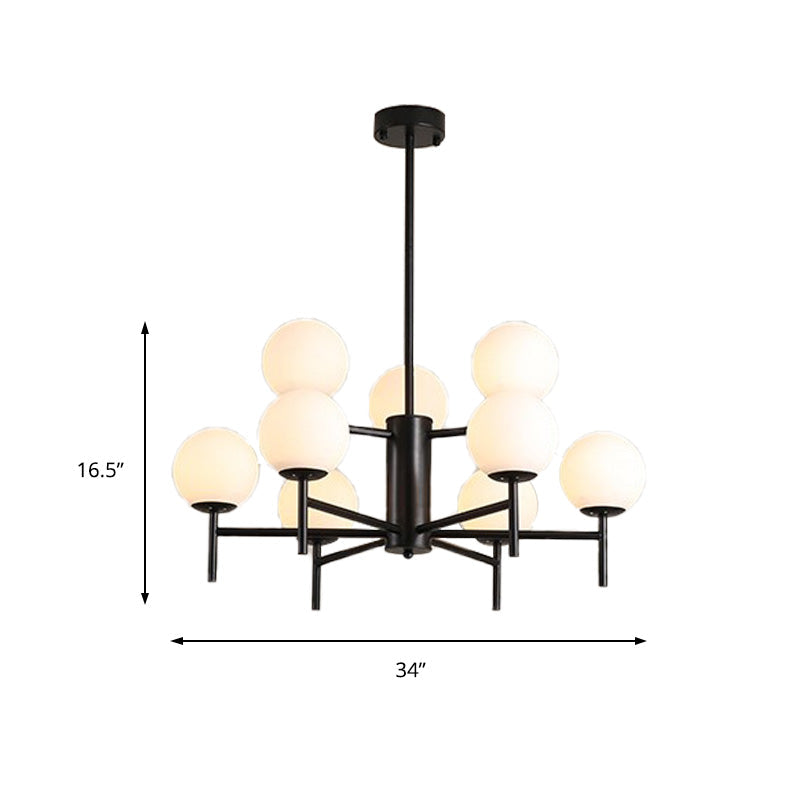 Moderner schwarz-goldener Kugel-Kronleuchter mit radialem Design – 6/8/9 Lichter, Hängelampe aus Milchglas