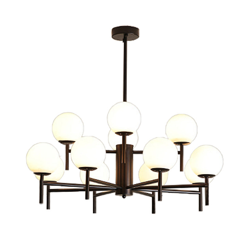 Moderner schwarz-goldener Kugel-Kronleuchter mit radialem Design – 6/8/9 Lichter, Hängelampe aus Milchglas
