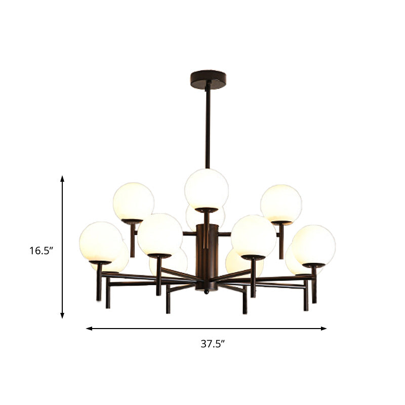 Moderner schwarz-goldener Kugel-Kronleuchter mit radialem Design – 6/8/9 Lichter, Hängelampe aus Milchglas
