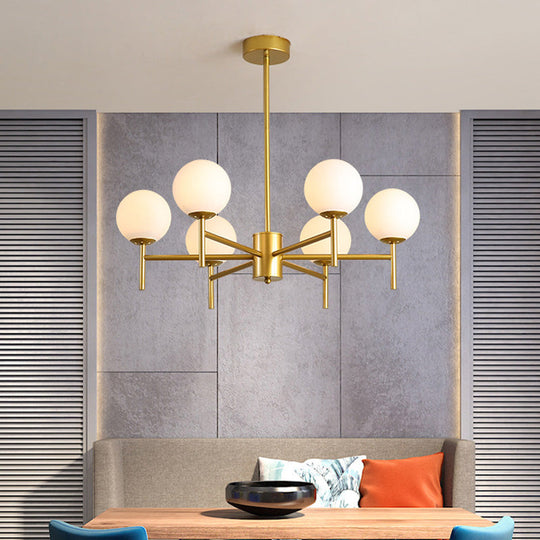 Moderner schwarz-goldener Kugel-Kronleuchter mit radialem Design – 6/8/9 Lichter, Hängelampe aus Milchglas