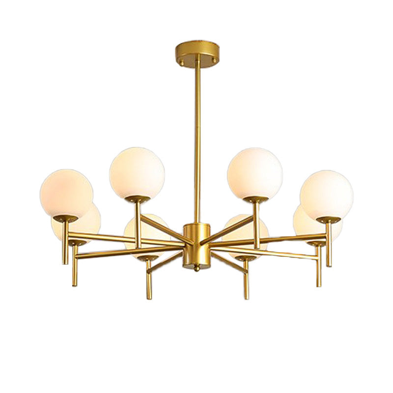 Moderner schwarz-goldener Kugel-Kronleuchter mit radialem Design – 6/8/9 Lichter, Hängelampe aus Milchglas