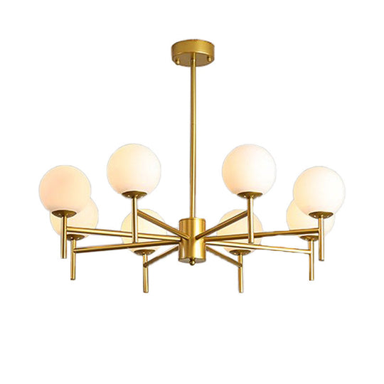 Moderner schwarz-goldener Kugel-Kronleuchter mit radialem Design – 6/8/9 Lichter, Hängelampe aus Milchglas
