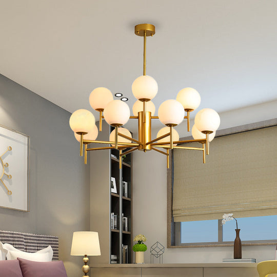 Moderner schwarz-goldener Kugel-Kronleuchter mit radialem Design – 6/8/9 Lichter, Hängelampe aus Milchglas