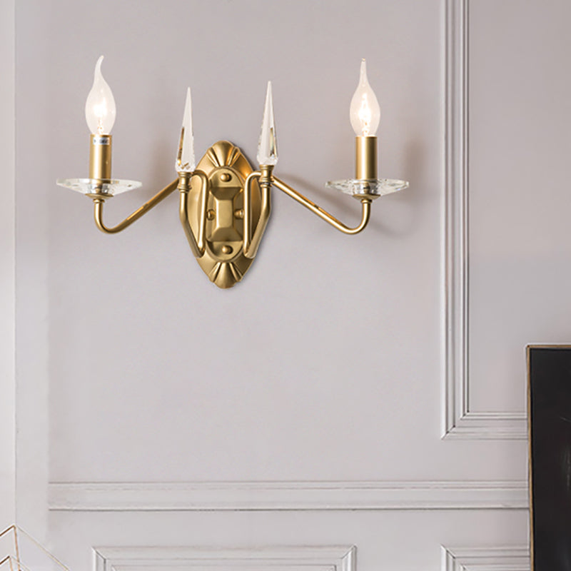 Iron Candle Wall Light Sconce With Crystal Decoration - Modern 2 Head Gold Finish