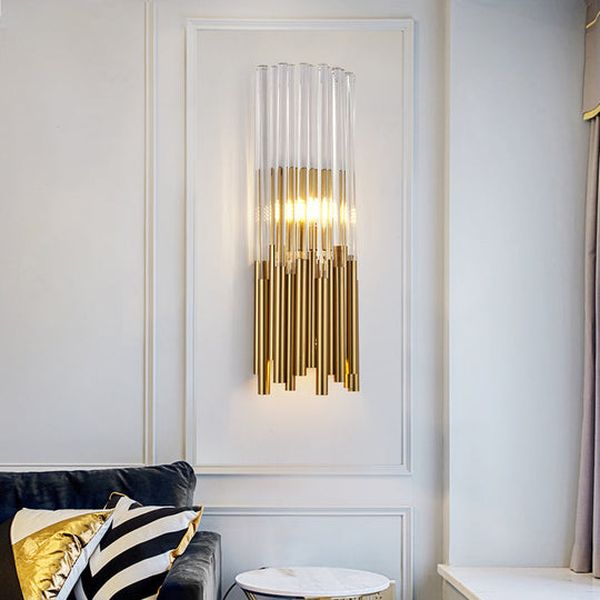 Modernist Metal Led Wall Sconce Light With Crystal Prism: Cylinder Fixture In Brass/Gold Gold