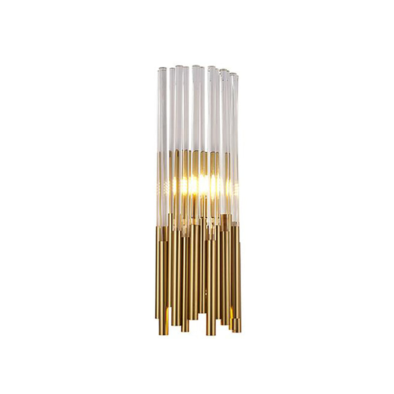 Modernist Metal Led Wall Sconce Light With Crystal Prism: Cylinder Fixture In Brass/Gold