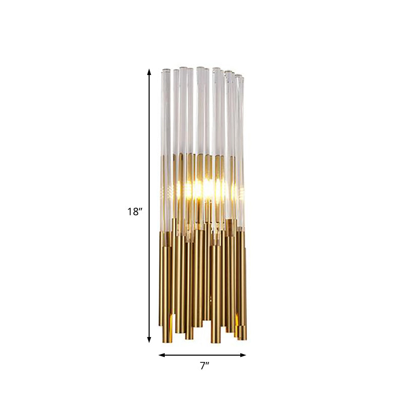Modernist Metal Led Wall Sconce Light With Crystal Prism: Cylinder Fixture In Brass/Gold