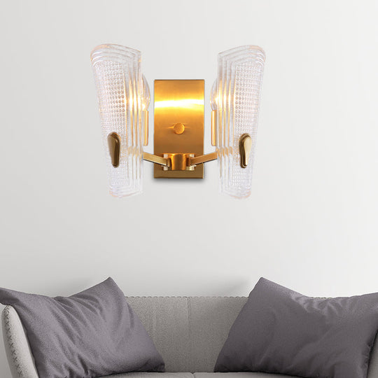 Modern Gold Rectangle Backplate Metal Wall Lamp With Prismatic Glass Shade - 1/2-Head Sconce Light