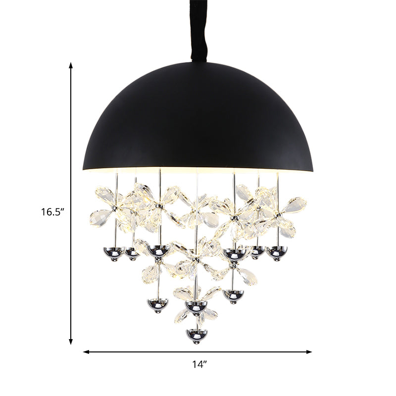 Modern Metal Pendant Light With Crystal Flower Deco - 6/10 Lights Domed Design Black/White