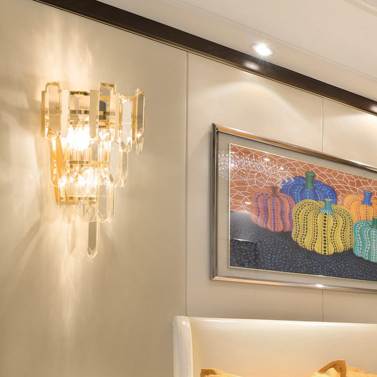 Contemporary Gold Wall Lamp With 3 Clear Crystal Layers - Bedroom Lighting