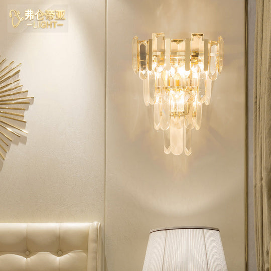 Contemporary Gold Wall Lamp With 3 Clear Crystal Layers - Bedroom Lighting
