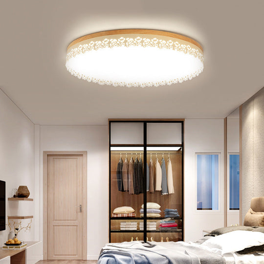Nordic Ultra Thin Drum Flush Mount Led Light - Wood White Dia 10.5’/15’/19’ Bedroom Lighting