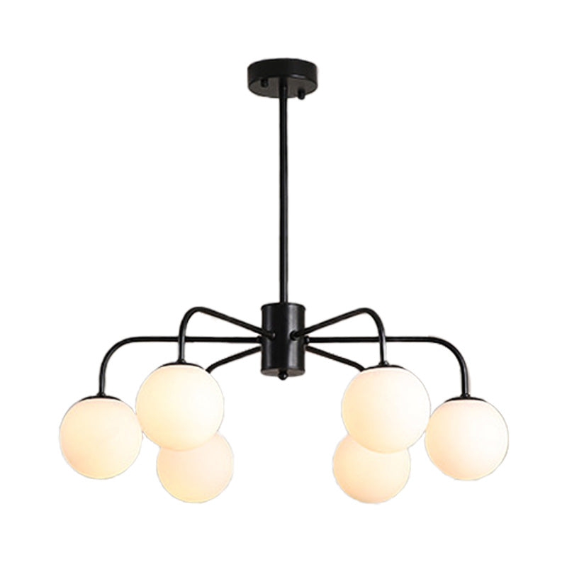 Moderner Kronleuchter aus weißer Glaskugel mit radialem Design – 6/8/10 Lichter, hängende Deckenleuchte, gebogener Arm