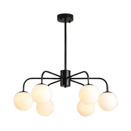 Moderner Kronleuchter aus weißer Glaskugel mit radialem Design – 6/8/10 Lichter, hängende Deckenleuchte, gebogener Arm