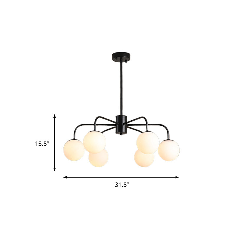 Moderner Kronleuchter aus weißer Glaskugel mit radialem Design – 6/8/10 Lichter, hängende Deckenleuchte, gebogener Arm