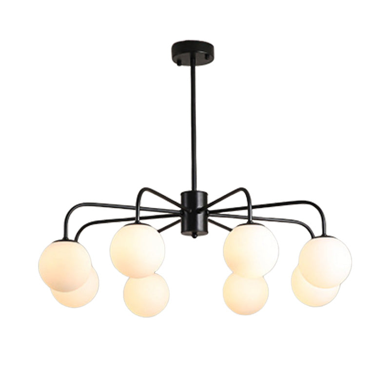 Moderner Kronleuchter aus weißer Glaskugel mit radialem Design – 6/8/10 Lichter, hängende Deckenleuchte, gebogener Arm