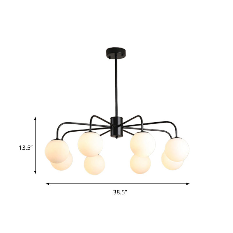 Moderner Kronleuchter aus weißer Glaskugel mit radialem Design – 6/8/10 Lichter, hängende Deckenleuchte, gebogener Arm