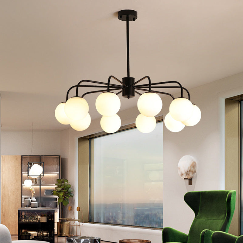 Moderner Kronleuchter aus weißer Glaskugel mit radialem Design – 6/8/10 Lichter, hängende Deckenleuchte, gebogener Arm