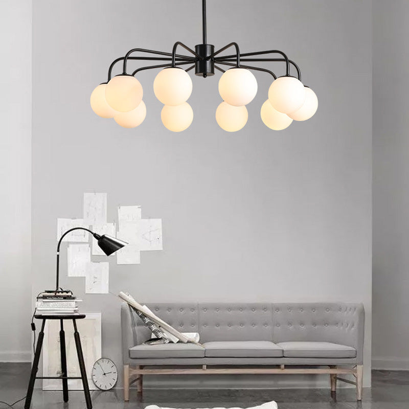 Moderner Kronleuchter aus weißer Glaskugel mit radialem Design – 6/8/10 Lichter, hängende Deckenleuchte, gebogener Arm