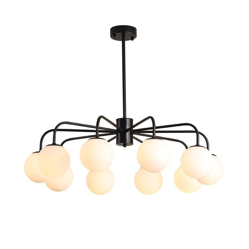 Moderner Kronleuchter aus weißer Glaskugel mit radialem Design – 6/8/10 Lichter, hängende Deckenleuchte, gebogener Arm
