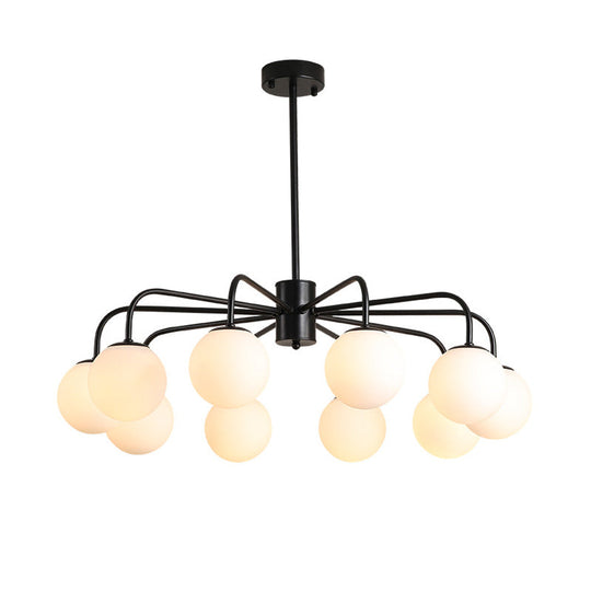 Moderner Kronleuchter aus weißer Glaskugel mit radialem Design – 6/8/10 Lichter, hängende Deckenleuchte, gebogener Arm