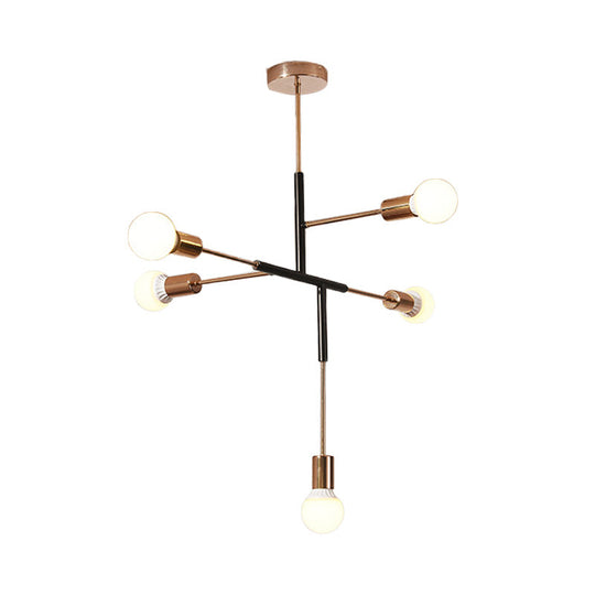 Modern 5-Light Rectilinear Metal Chandelier: White/Black Bare Bulb Hanging Ceiling Light For Dining